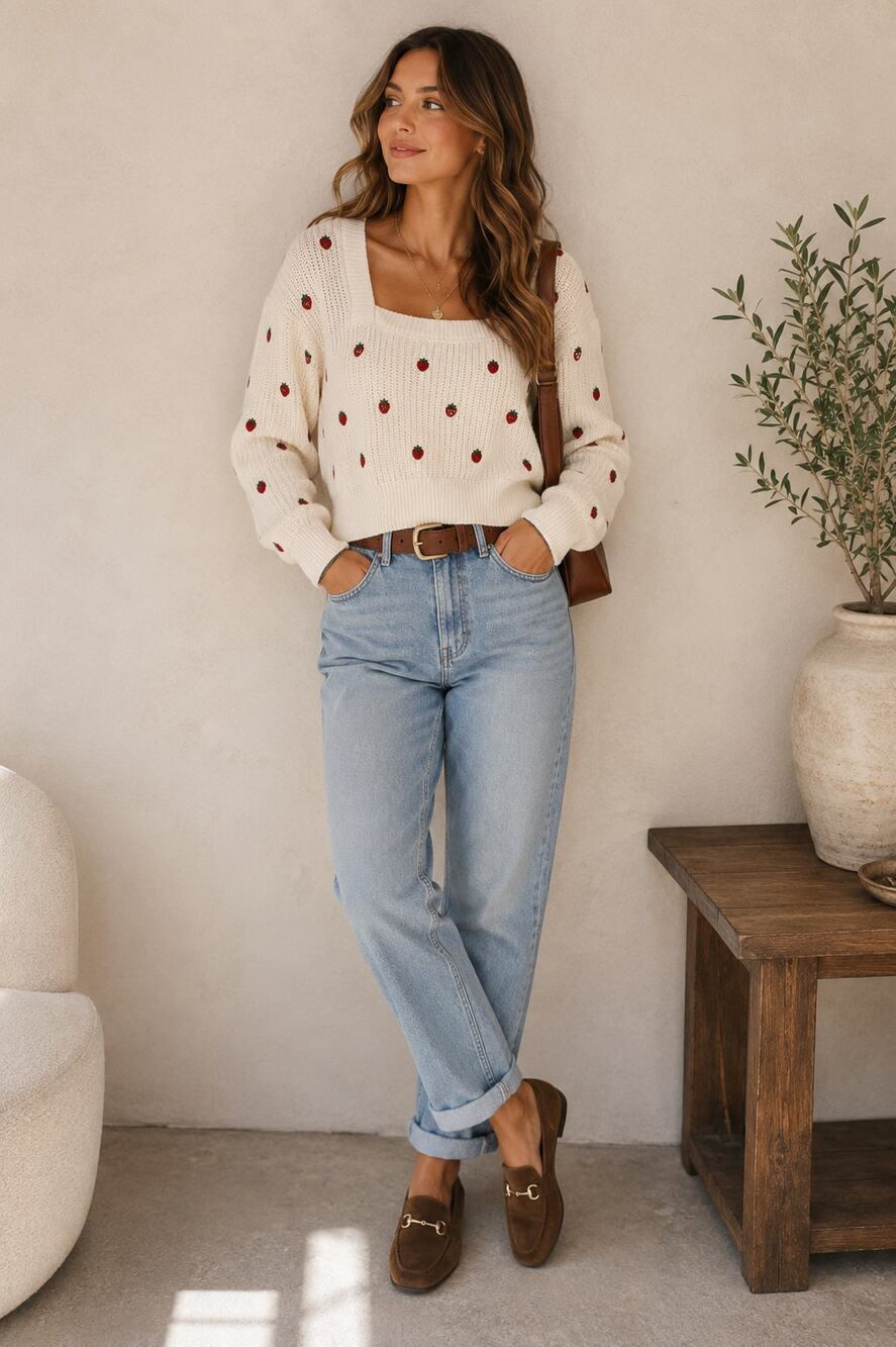 Maeve Anthropologie White Strawberry Embroidered Square Neck Sweater Womens S